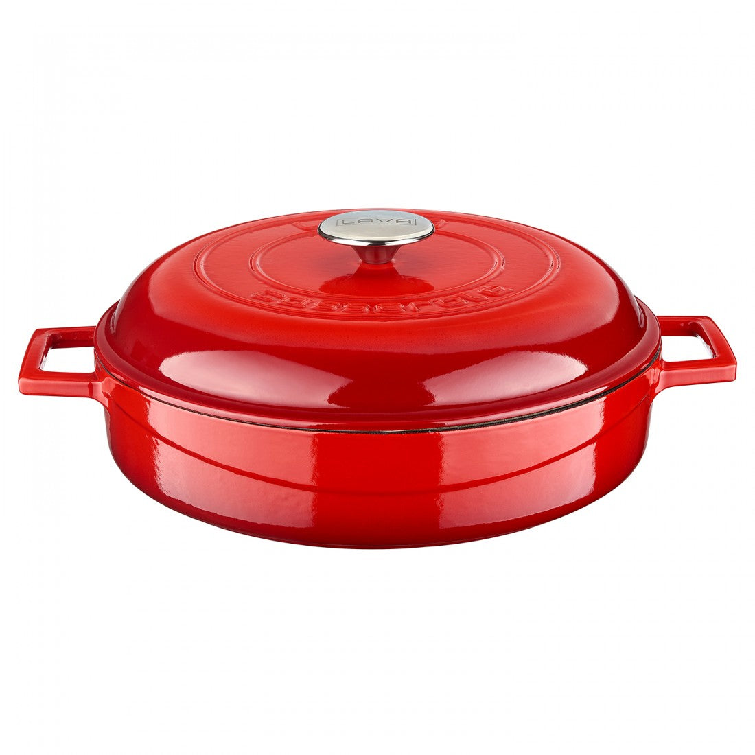 Nizka litoželezna posoda - lonec 28 cm - Bel emajl rdeča LAVA