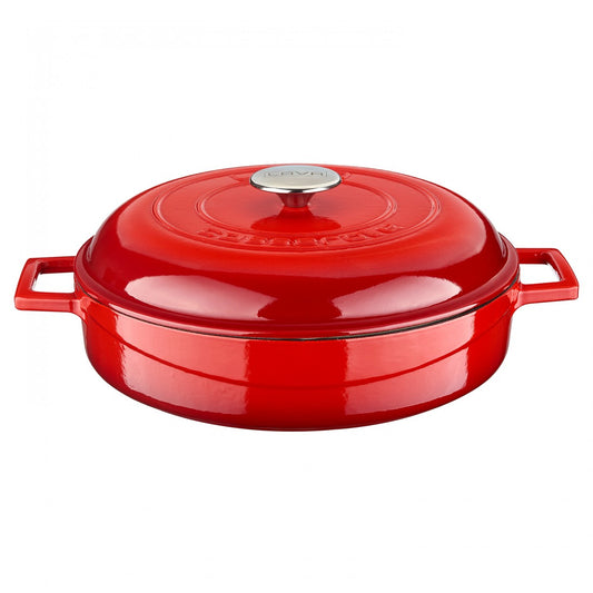 Nizka litoželezna posoda - lonec 28 cm - Bel emajl rdeča LAVA