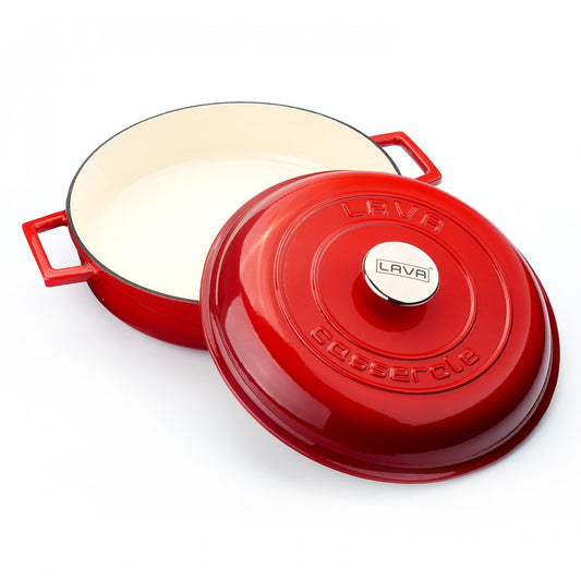 Nizka litoželezna posoda - lonec 28 cm - Bel emajl rdeča LAVA