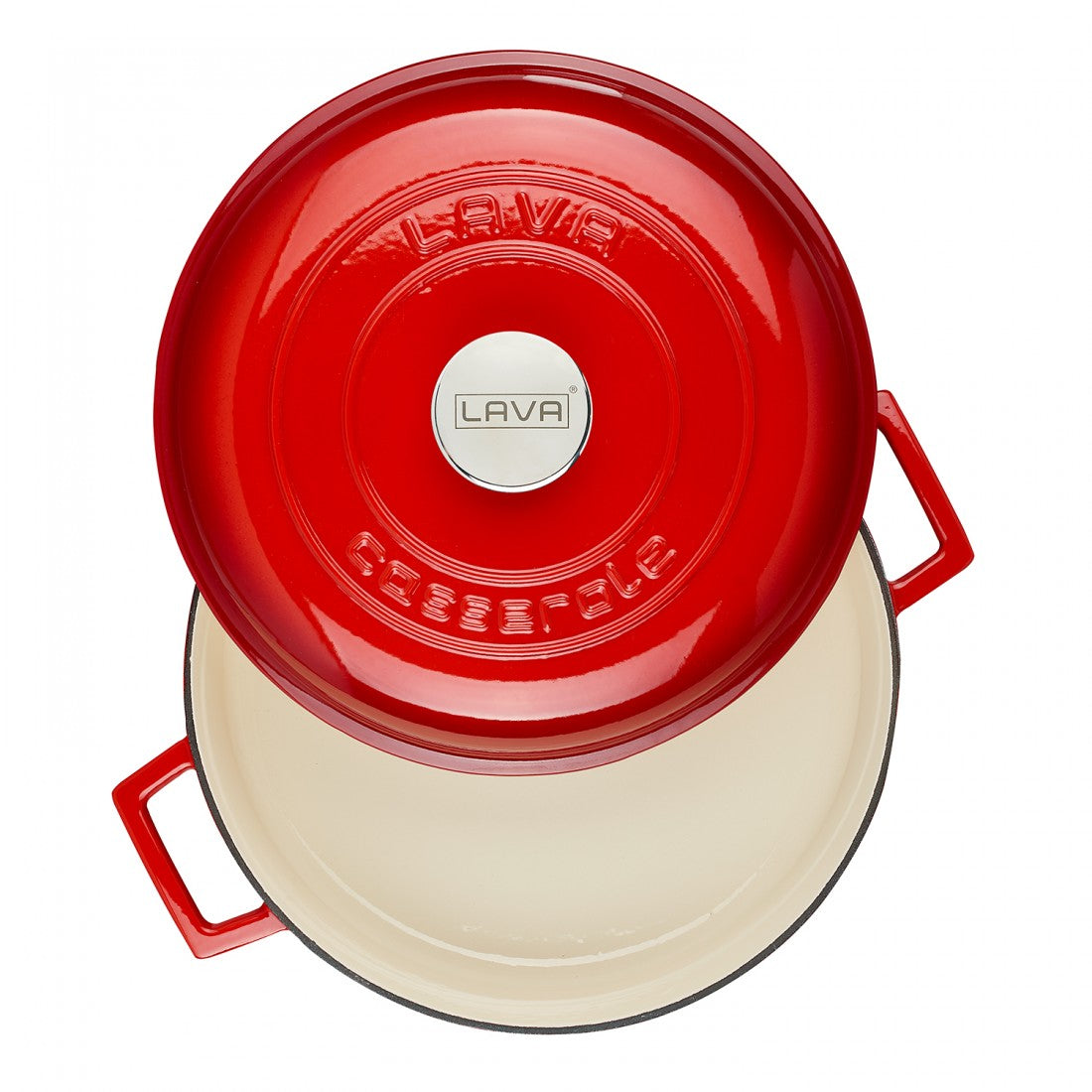 Nizka litoželezna posoda - lonec 28 cm - Bel emajl rdeča LAVA